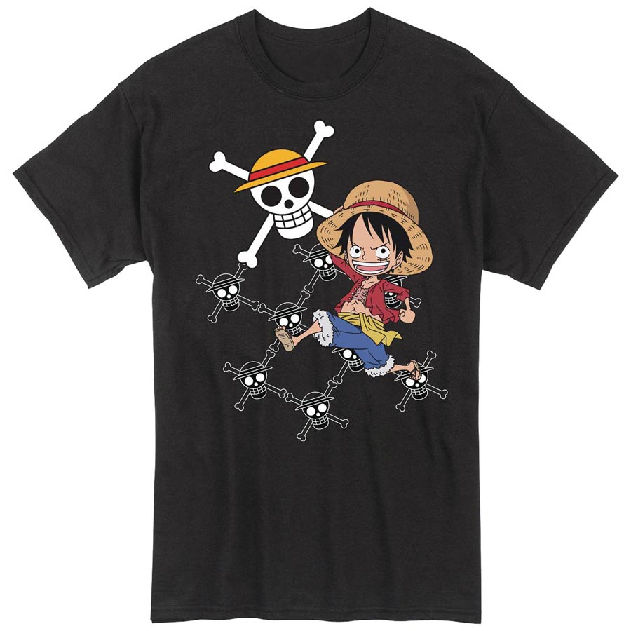 One Piece Luffy Skulls Black T-Shirt Large