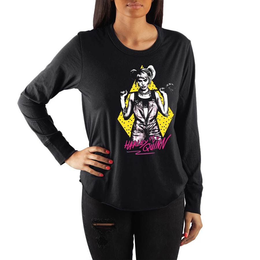 Birds Of Prey Movie Harley Quinn Yellow Diamond Black Womens Long Sleeve Shirt X-Large