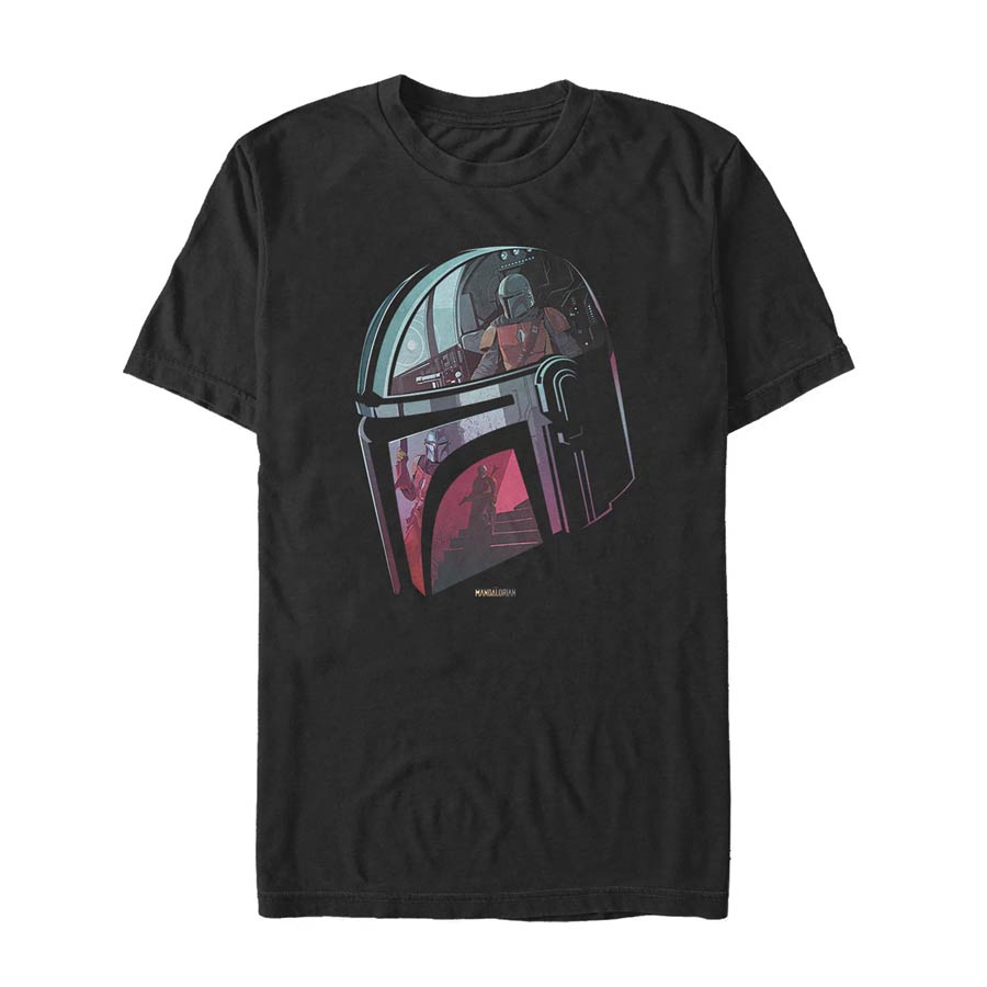 Star Wars The Mandalorian Helmet Reflection Black T-Shirt Large