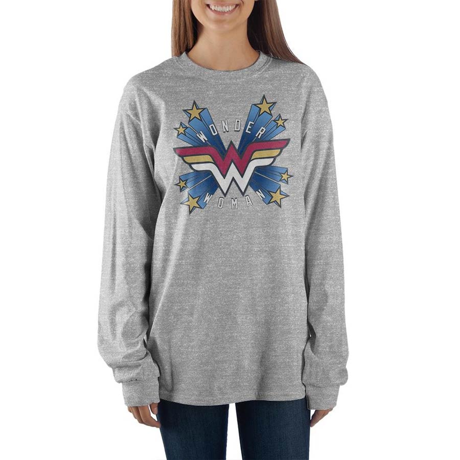 DC Comics Wonder Woman Logo With Stars Grey Long Sleeve T-Shirt Large