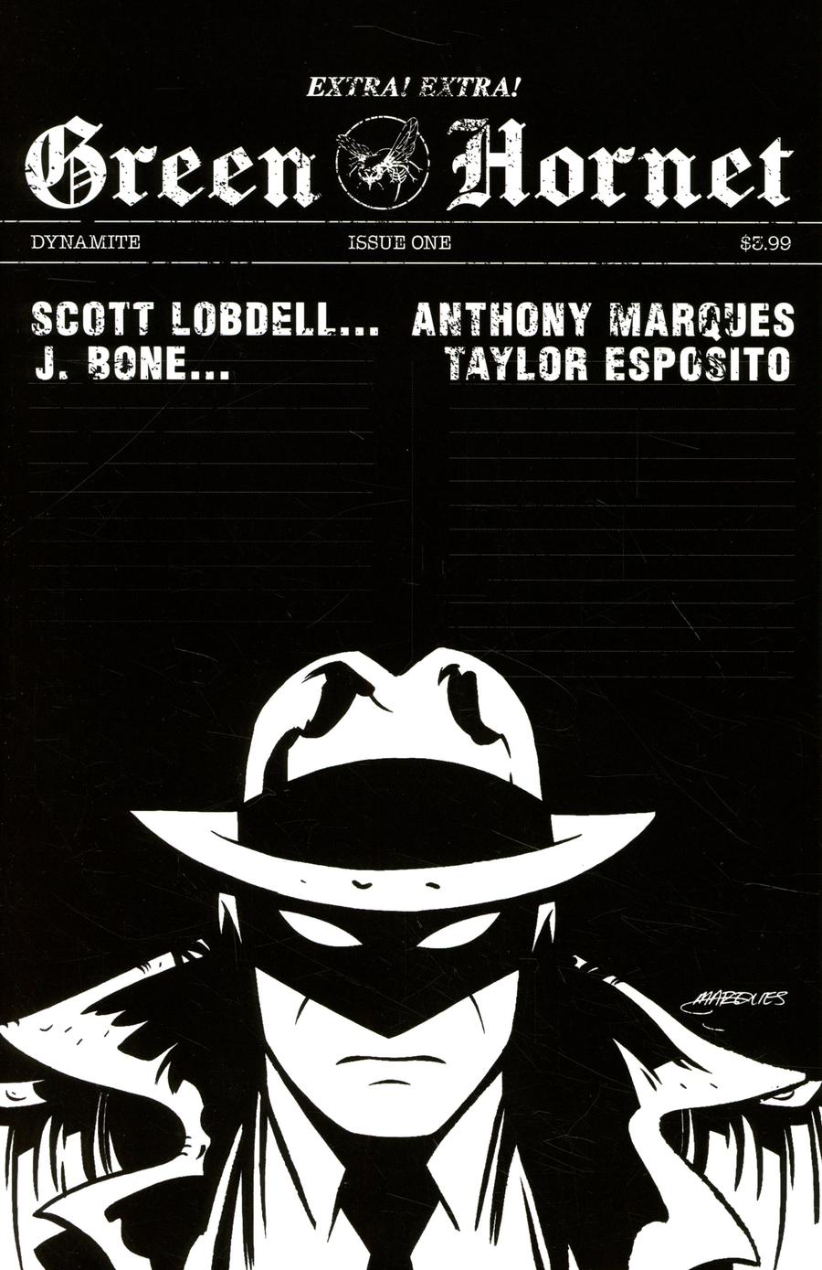 Green Hornet Vol 5 #1 Cover J Incentive Anthony Marques Black & White Cover