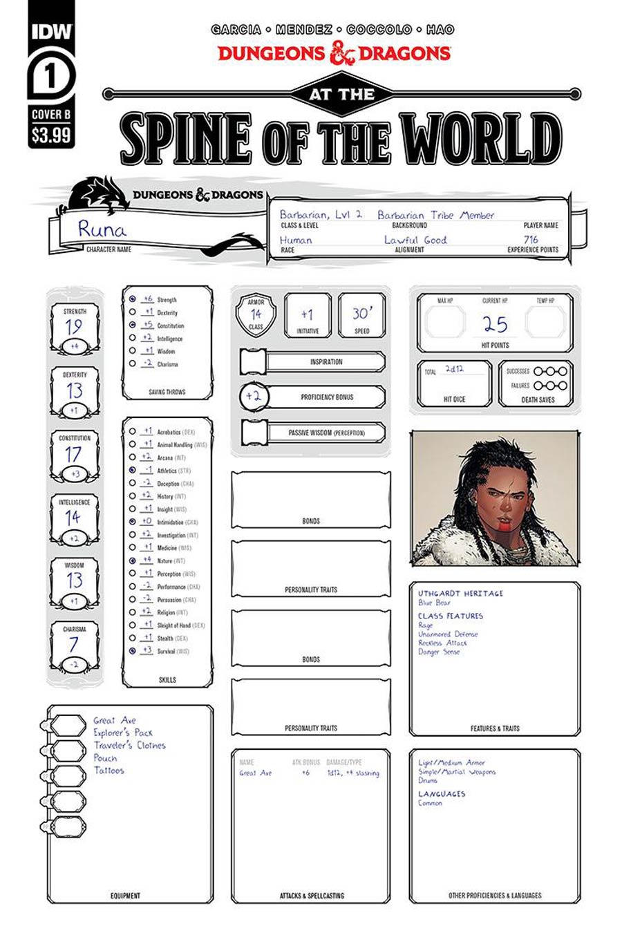 Dungeons & Dragons At The Spine Of The World #1 Cover B Variant Character Sheet Cover