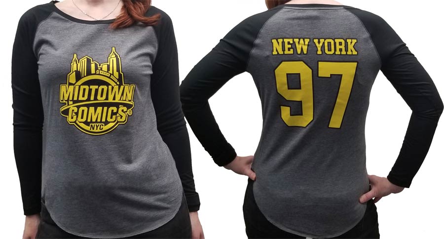 Midtown Comics Black And Yellow Logo Grey And Black Womens Long Sleeve Shirt Large