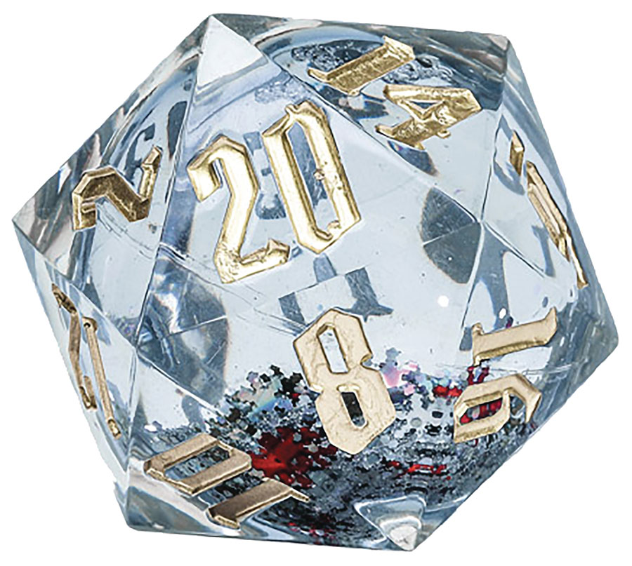 Snow Globe D20 54mm Dice - Gold Ink Silver Glitter Red & Green