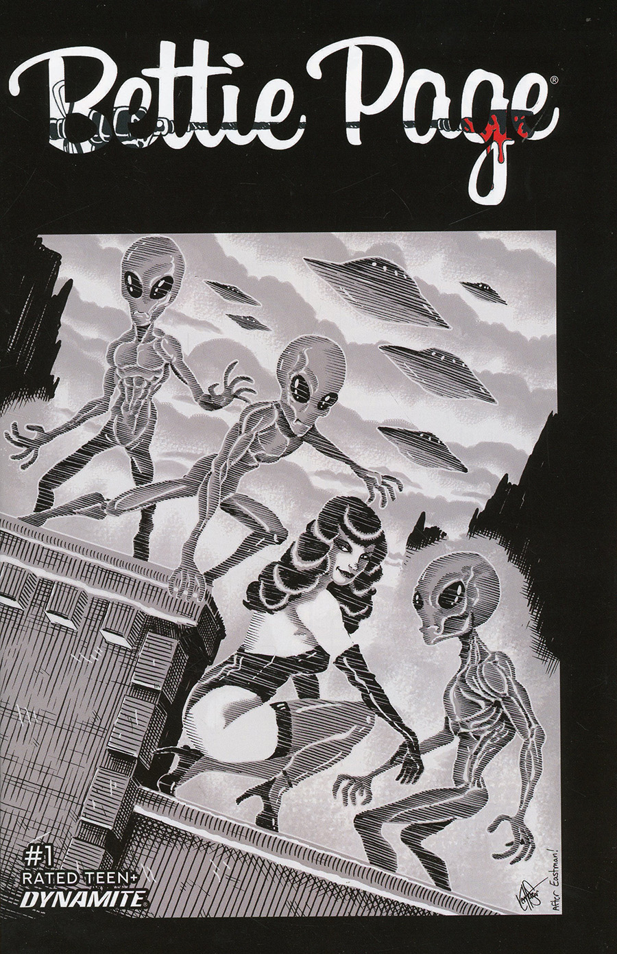 Bettie Page Alien Agenda #1 Cover V Incentive Ken Haeser TMNT Homage Greyscale Cover