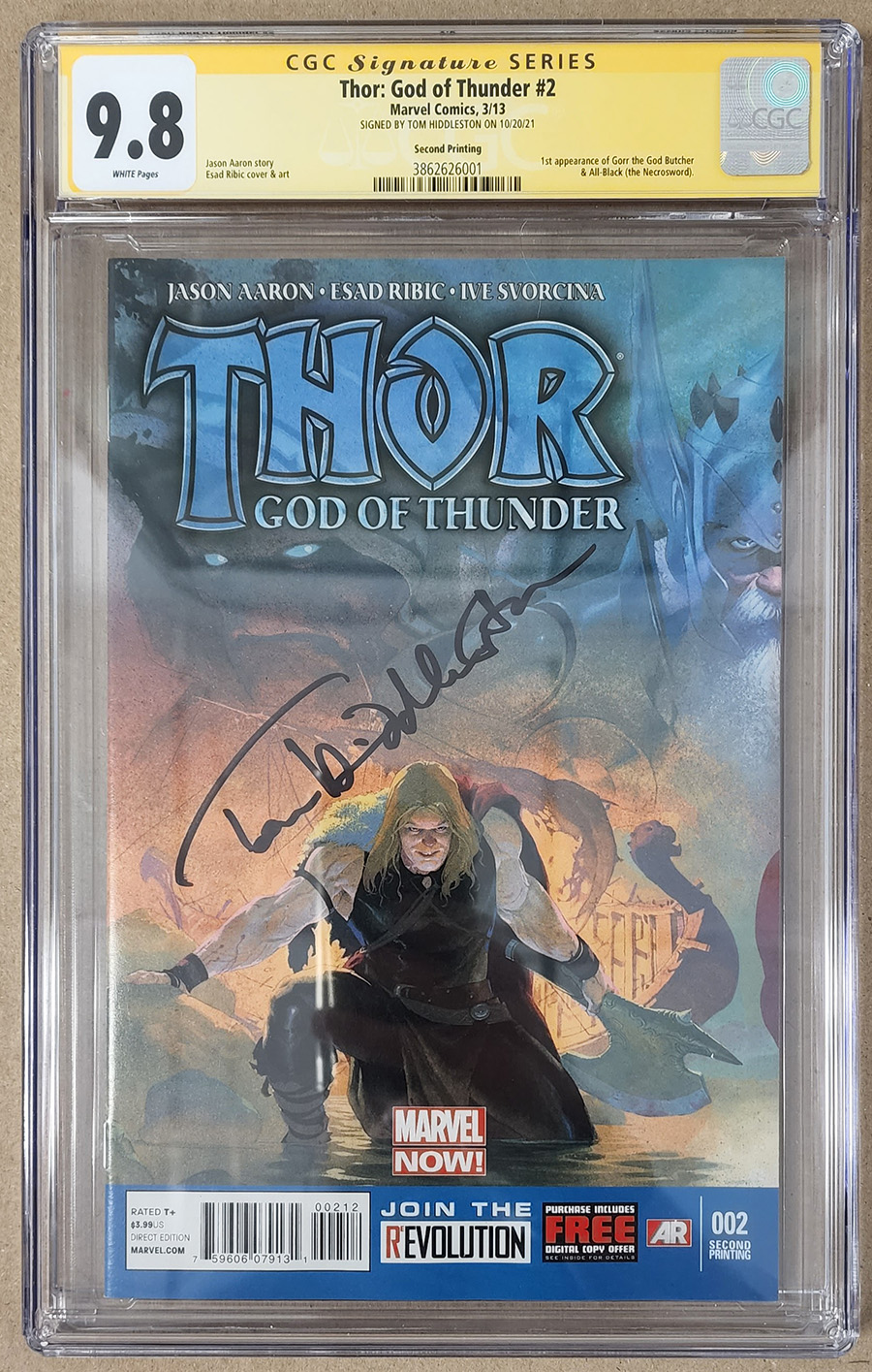 Thor God Of Thunder #2 Cover D 2nd Ptg Esad Ribic Variant Cover Signed By Tom Hiddleston CGC 9.8