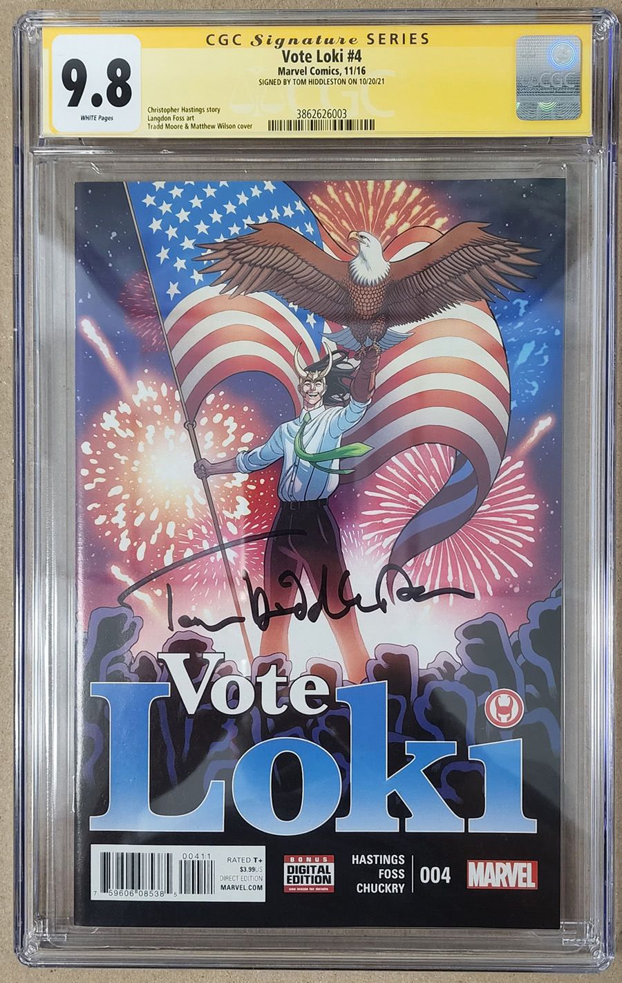 Vote Loki #4 Cover C Regular Tradd Moore Cover Signed By Tom Hiddleston CGC 9.8