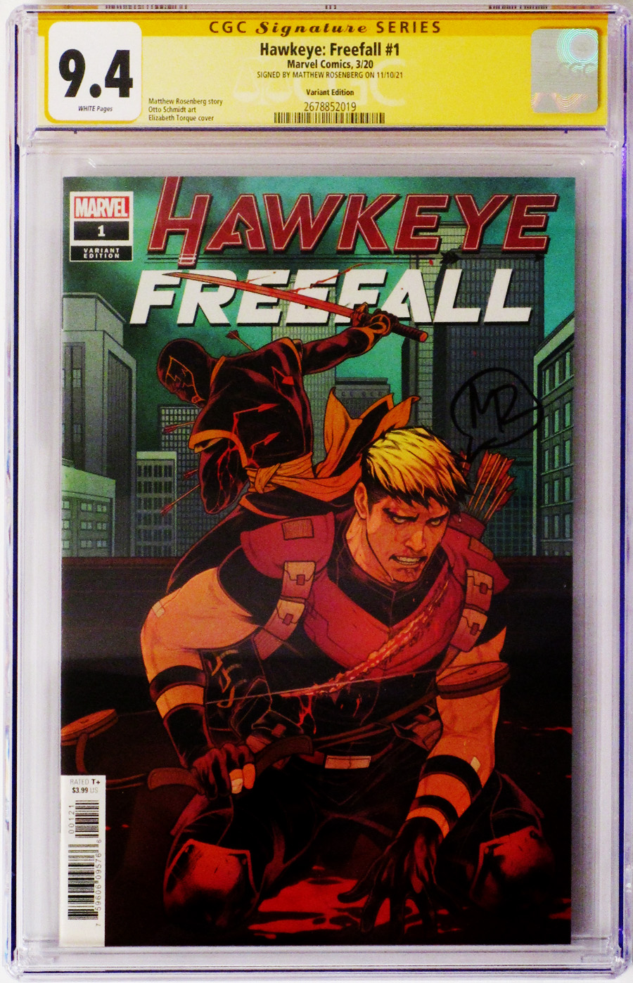 Hawkeye Freefall #1 Cover H Incentive Elizabeth Torque Variant Cover Signed By Matthew Rosenberg CGC 9.4