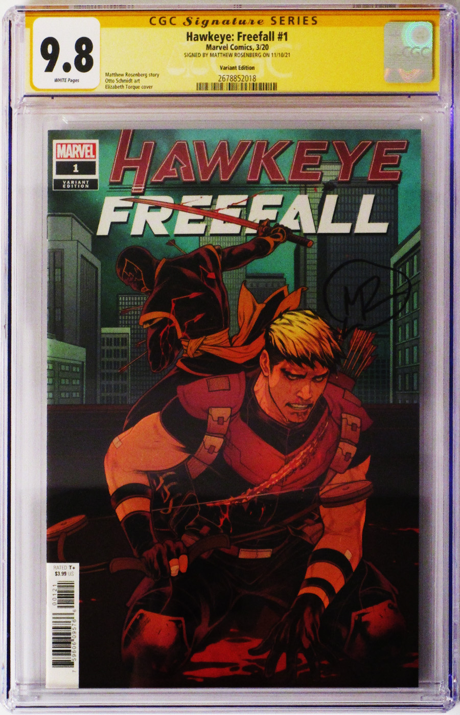Hawkeye Freefall #1 Cover I Incentive Elizabeth Torque Variant Cover Signed By Matthew Rosenberg CGC 9.8