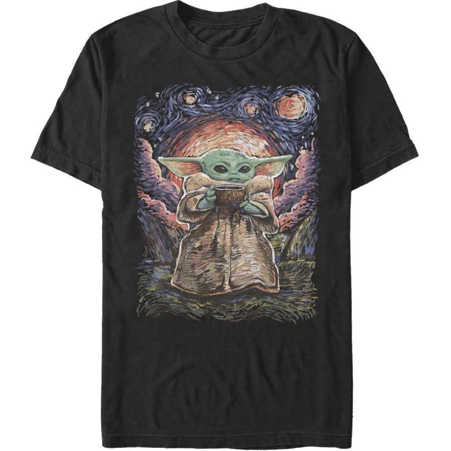 Star Wars The Mandalorian Grogu Sipping Starries Black T-Shirt Large