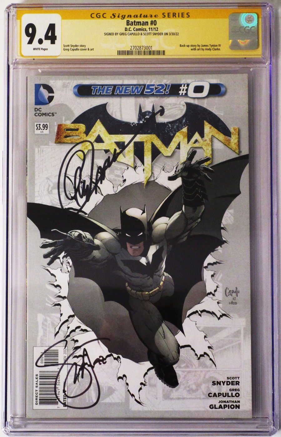 Batman Vol 2 #0 Cover G Regular Greg Capullo Cover Signed By Scott Snyder and Greg Capullo CGC 9.4