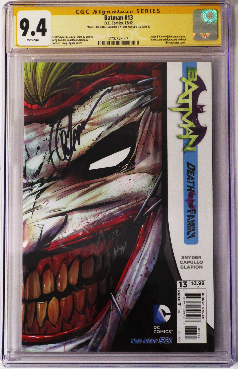 Batman Vol 2 #13 Cover J 1st Ptg Regular Greg Capullo Cover (Death Of The Family Tie-In) Signed By Scott Snyder and Greg Capullo CGC 9.4