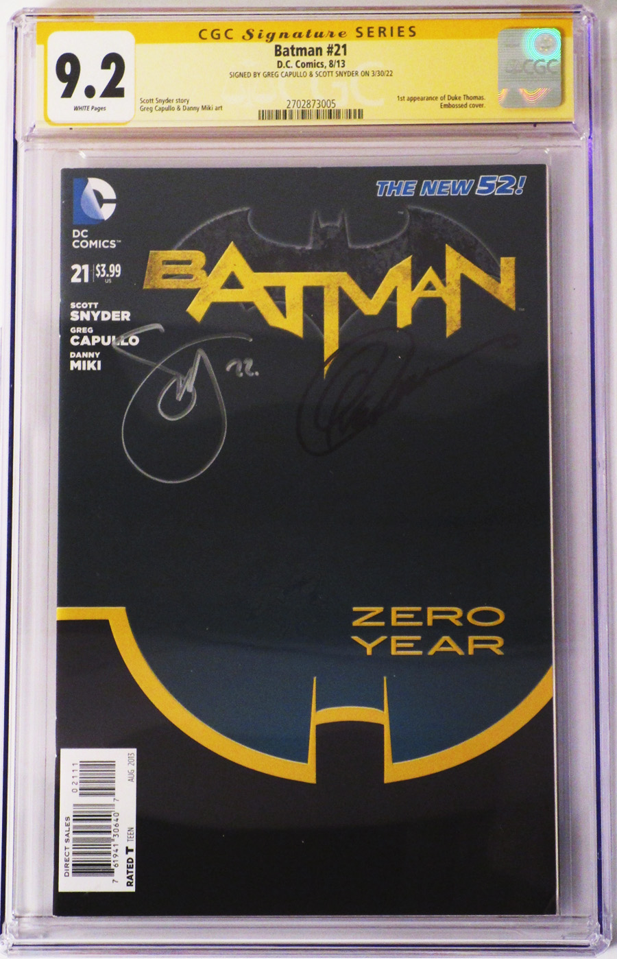 Batman Vol 2 #21 Cover H 1st Ptg Regular Greg Capullo Cover (Batman Zero Year Tie-In) Signed By Scott Snyder and Greg Capullo CGC 9.2