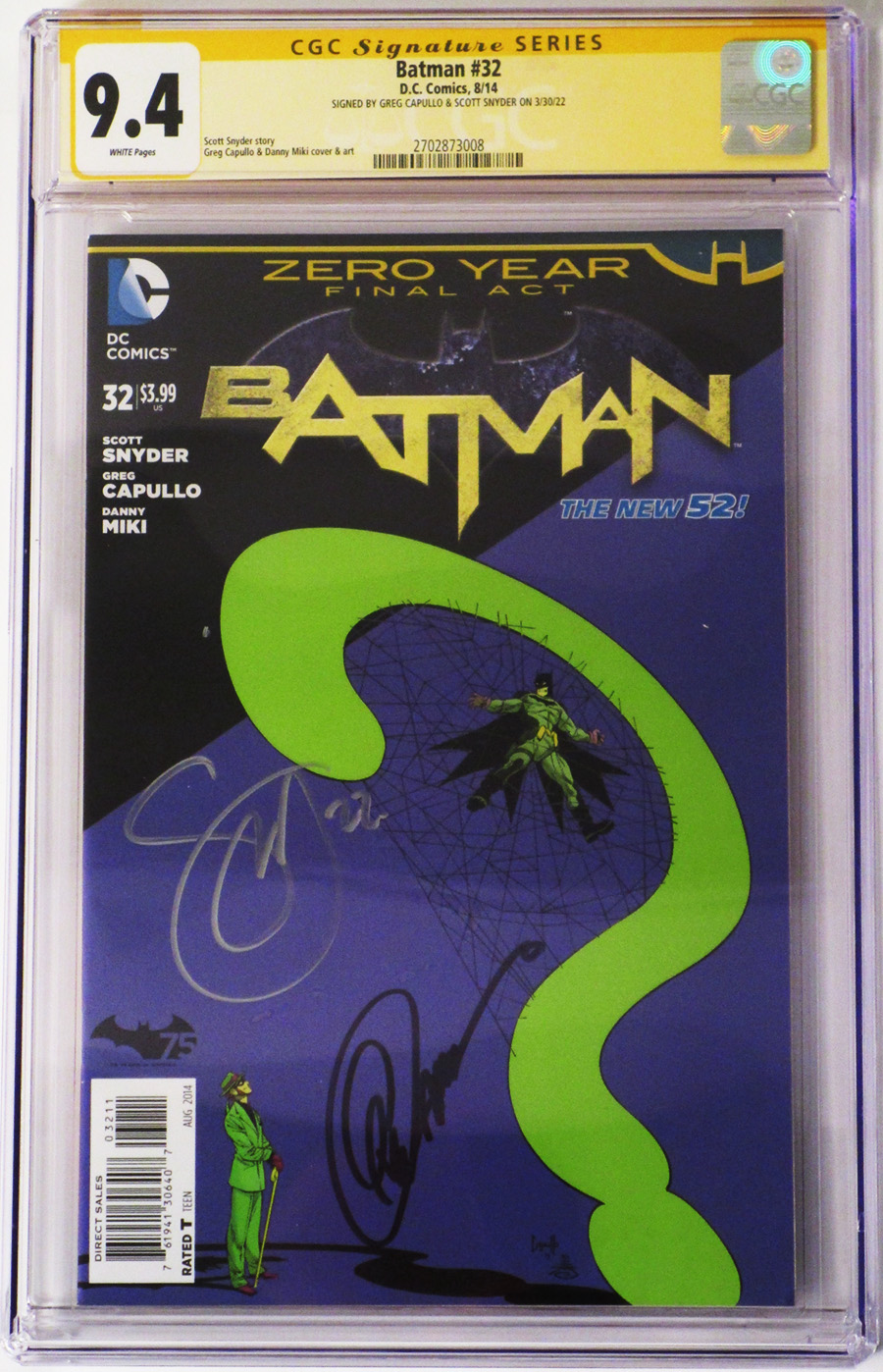 Batman Vol 2 #32 Cover F Regular Greg Capullo Cover (Zero Year Tie-In) Signed By Scott Snyder and Greg Capullo CGC 9.4