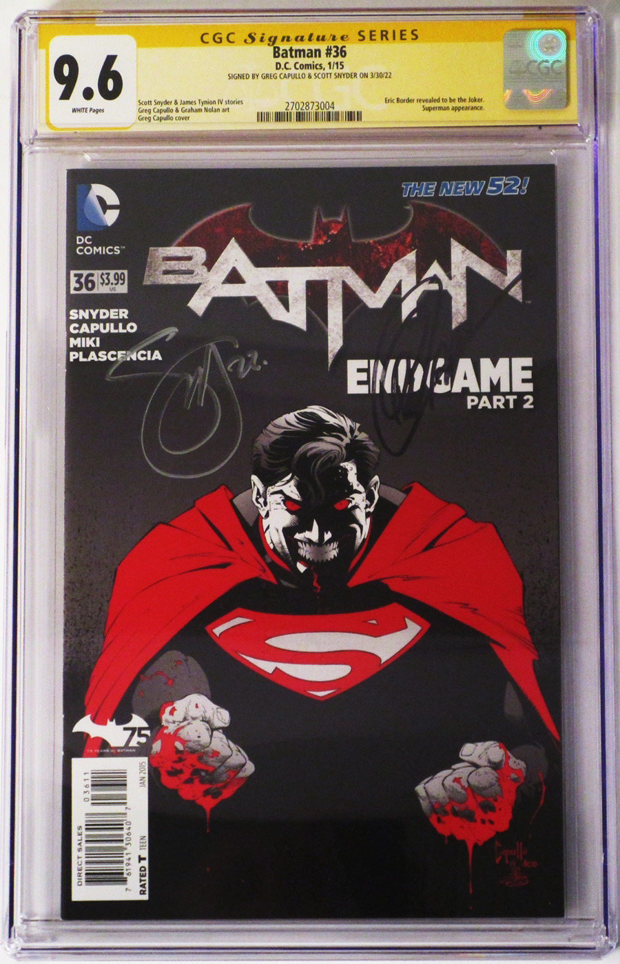 Batman Vol 2 #36 Cover H Regular Greg Capullo Cover Signed By Scott Snyder and Greg Capullo CGC 9.6
