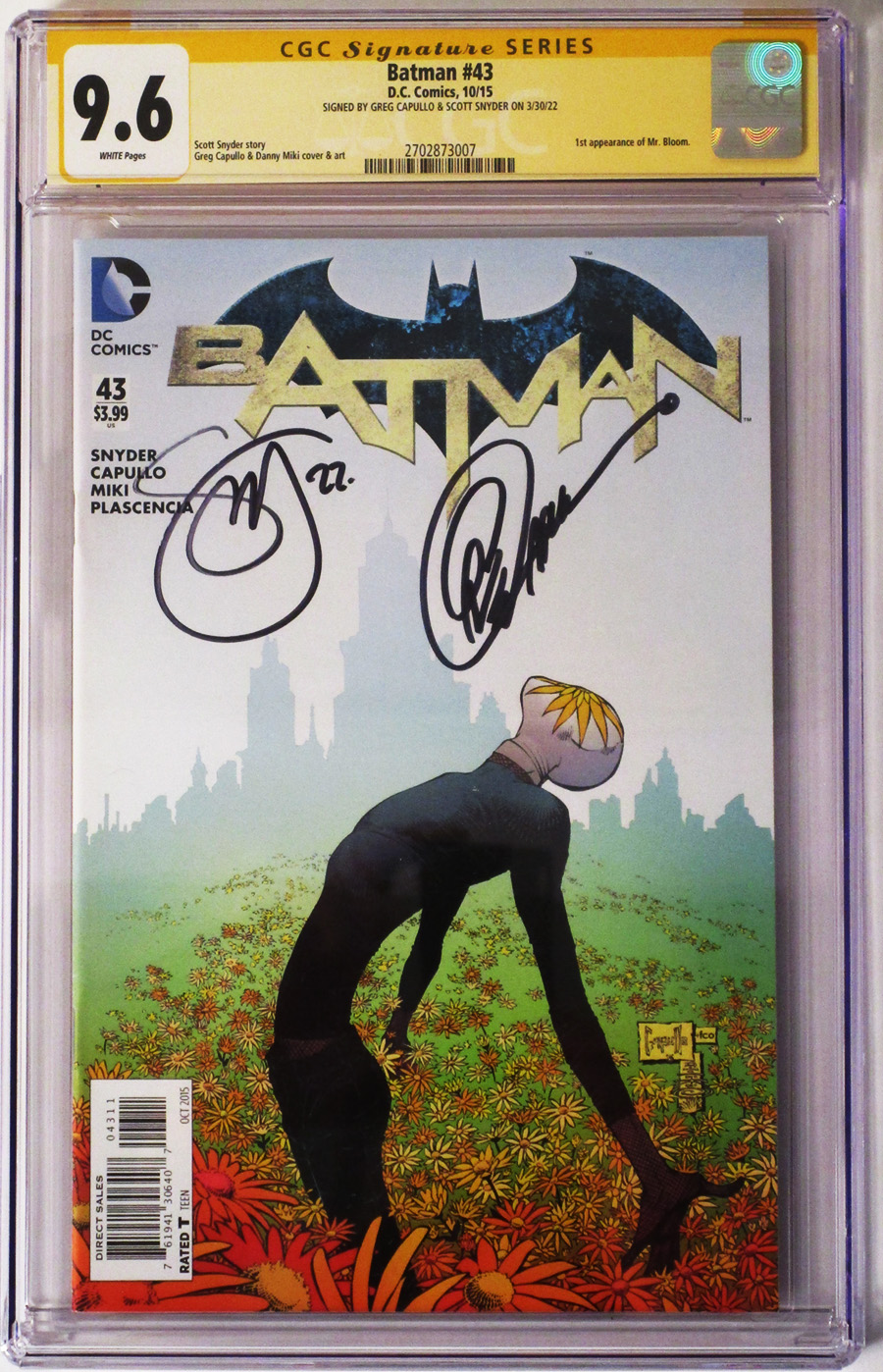 Batman Vol 2 #43 Cover C Regular Greg Capullo Cover Signed By Scott Snyder and Greg Capullo CGC 9.6