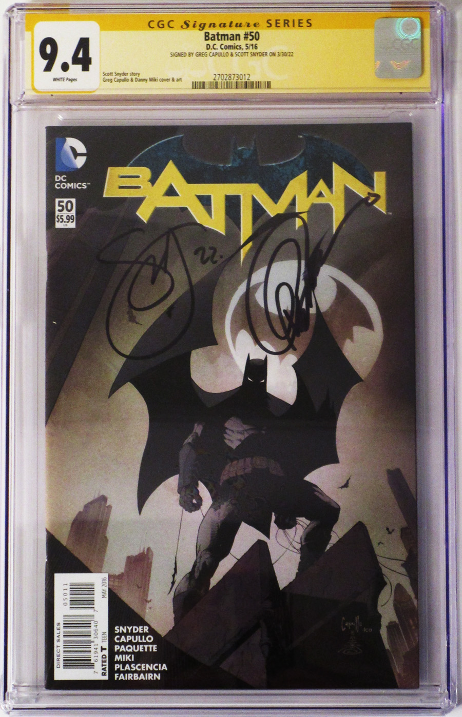 Batman Vol 2 #50 Cover M Regular Greg Capullo Cover Signed By Scott Snyder and Greg Capullo CGC 9.4