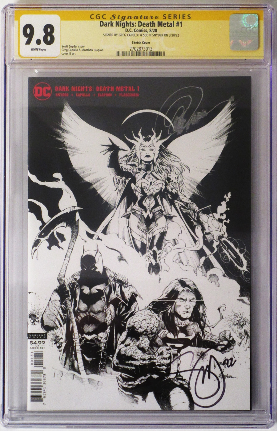 Dark Nights Death Metal #1 Cover M Variant Greg Capullo & Jonathan Glapion Midnight Black & White Cover Signed By Scott Snyder & Greg Capullo CGC 9.8