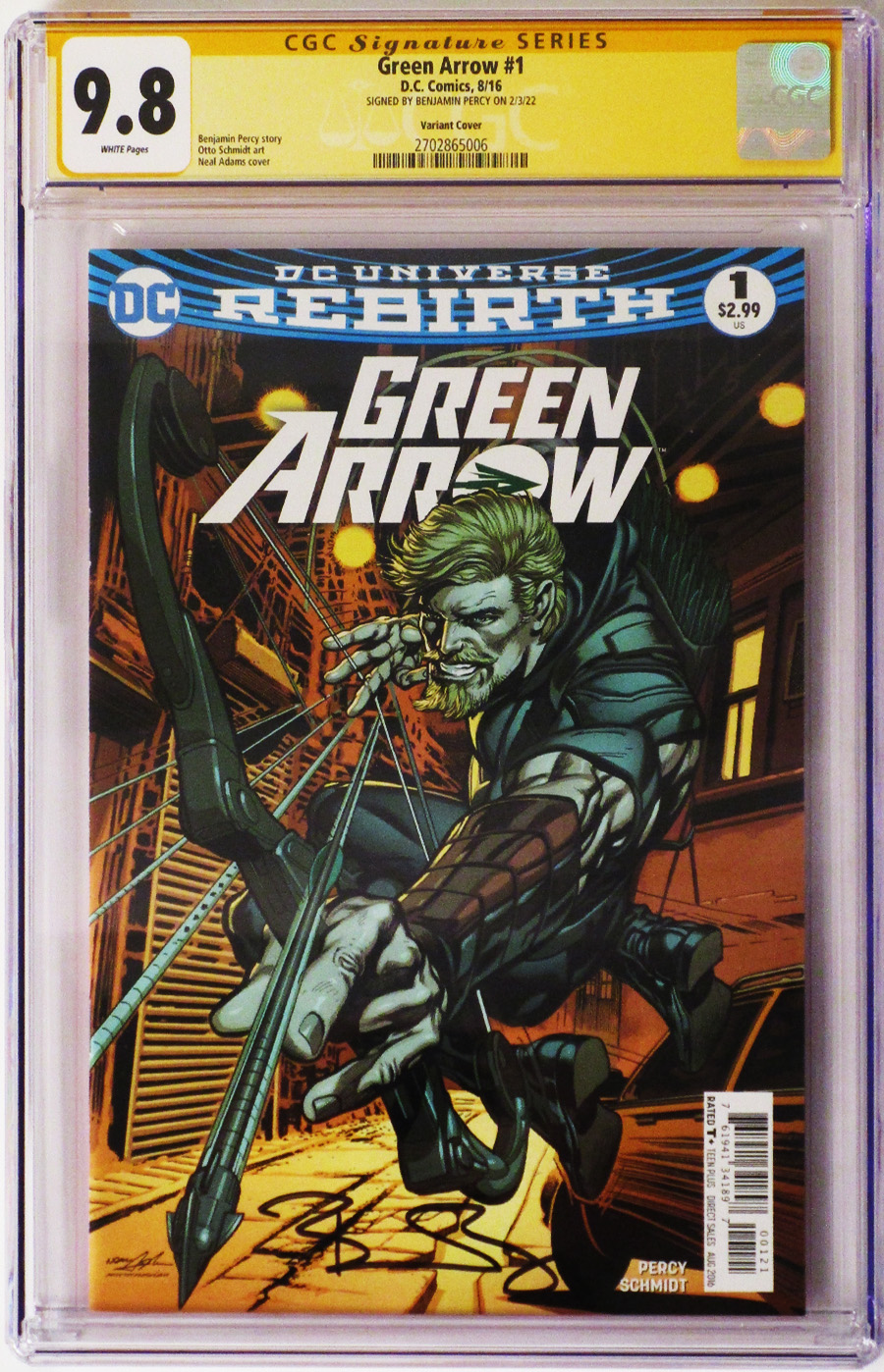 Green Arrow Vol 7 #1 Cover E Variant Neal Adams Cover Signed by Benjamin Percy CGC 9.8