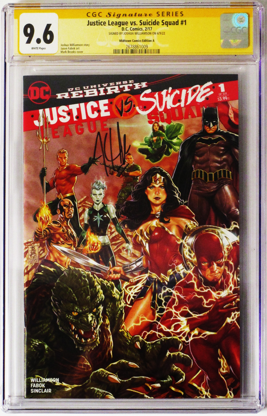 Justice League vs Suicide Squad #1 Cover R Midtown Exclusive Mark Brooks Connecting Variant Part 1 Cover Signed By Joshua Williamson CGC 9.6