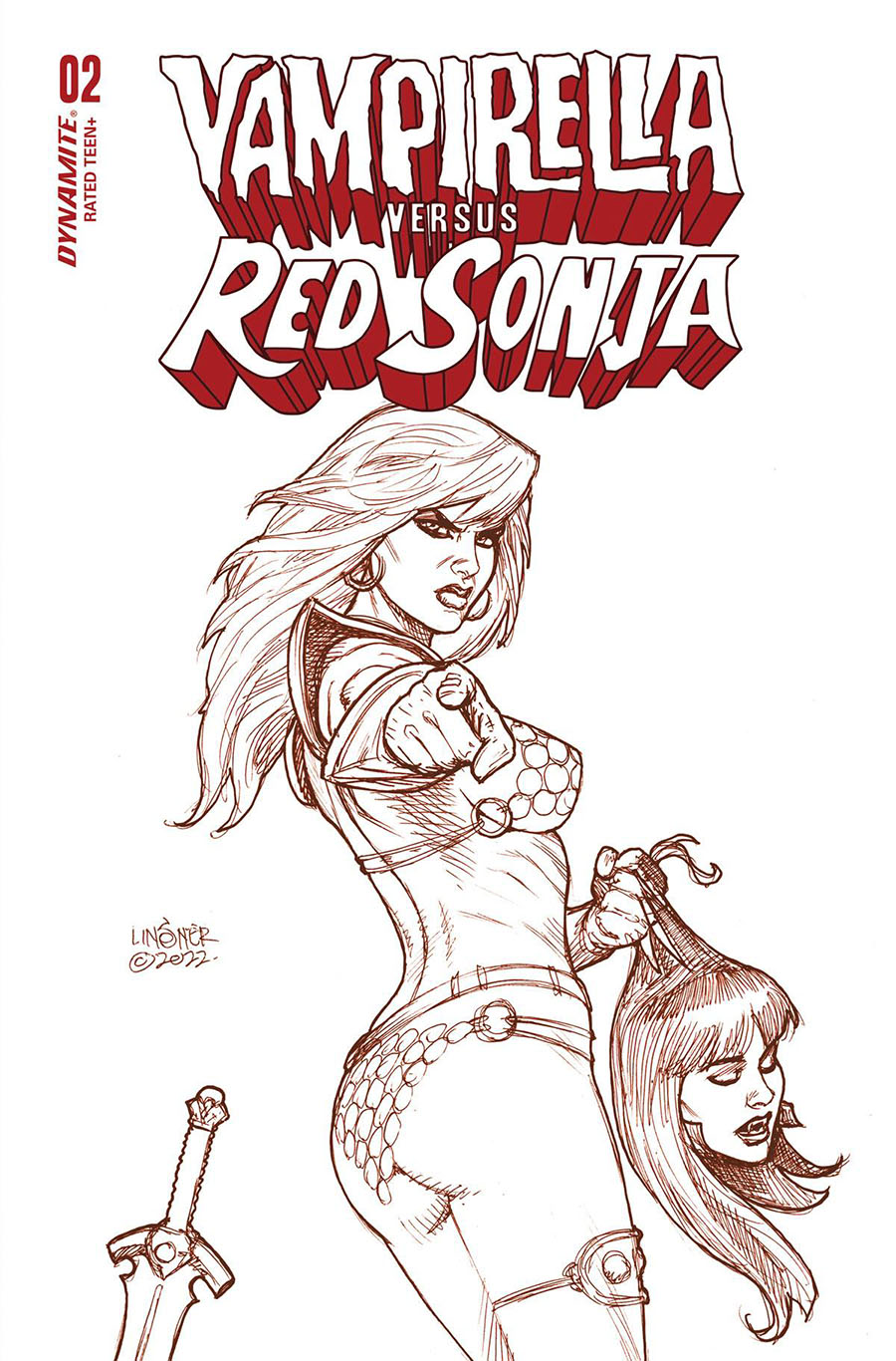 Vampirella vs Red Sonja #2 Cover V Incentive Joseph Michael Linsner Fiery Red Line Art Cover