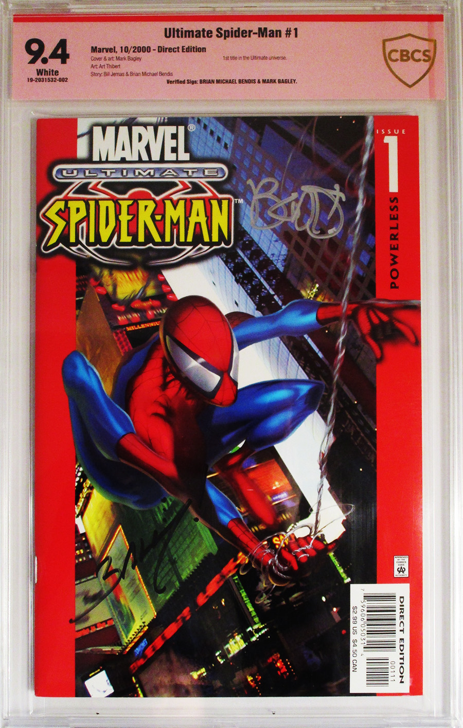 Ultimate Spider-Man #1 Cover F Regular Cover CBCS 9.4 Verified Signature Brian Michael Bendis & Mark Bagley