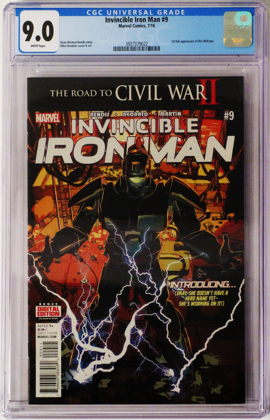 Invincible Iron Man Vol 2 #9 Cover D 1st Ptg Regular Mike Deodato Jr Cover (Road To Civil War II Tie-In) CGC 9.0