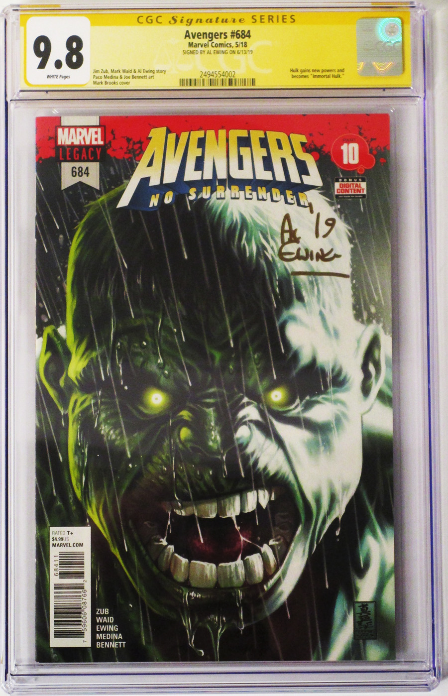 Avengers Vol 6 #684 Cover F CGC Signature Series 9.8 Signed by Al Ewing Regular Mark Brooks Cover (No Surrender Part 10)(Marvel Legacy Tie-In)