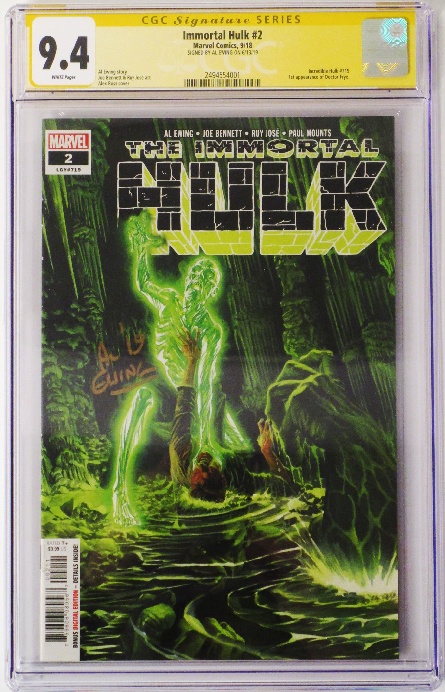 Immortal Hulk #2 Cover K CGC Signature Series 9.4 Signed by Al Ewing 1st Ptg Regular Alex Ross Cover