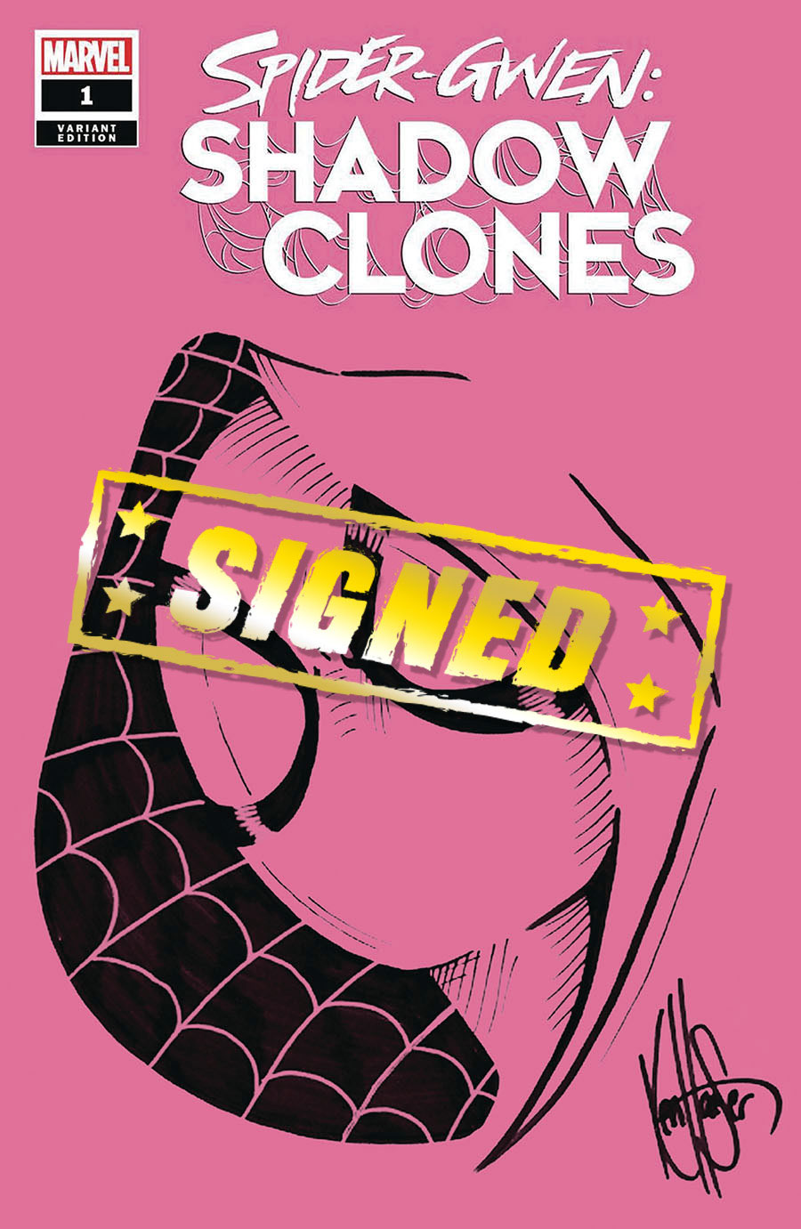 Spider-Gwen Shadow Clones #1 Cover N DF Pink Blank Variant Cover Signed & Remarked By Ken Haeser With A Spider-Gwen Hand-Drawn Sketch