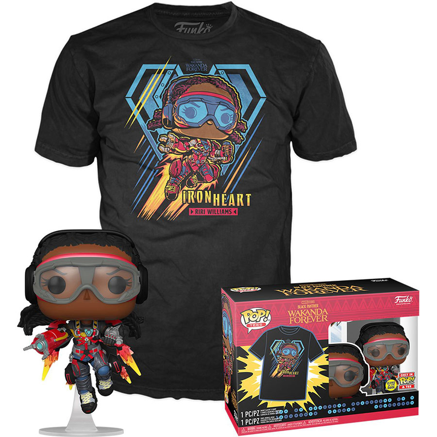 POP And Boxed Tee Black Panther Wakanda Forever Ironheart MK 1 Glow-In-The-Dark T-Shirt Large