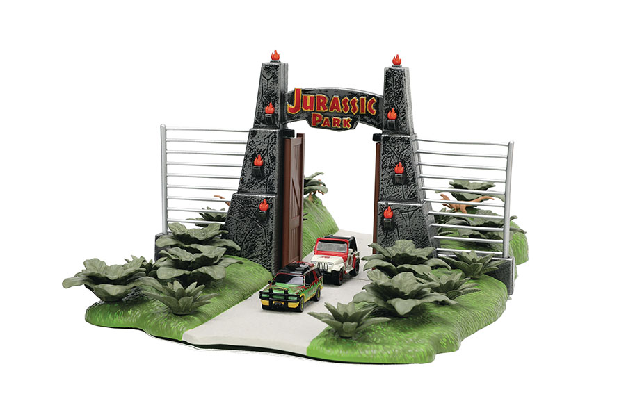 Hollywood Rides Jurassic Park Park Gate With 2 Nano Die-Cast Vehicles Nanoscene Diorama