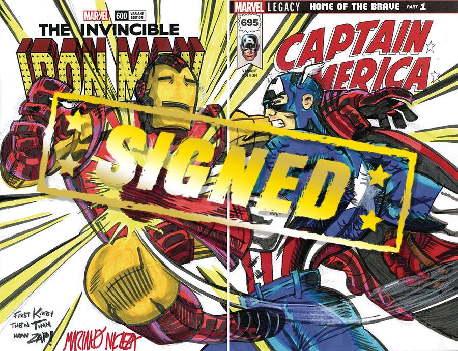 Marvel Comics 2-Piece Blank Cover Art Signed & Remarked By Mariano Nicieza & Zap Brandinelli With A Captain America vs Iron Man Hand-Drawn Sketch