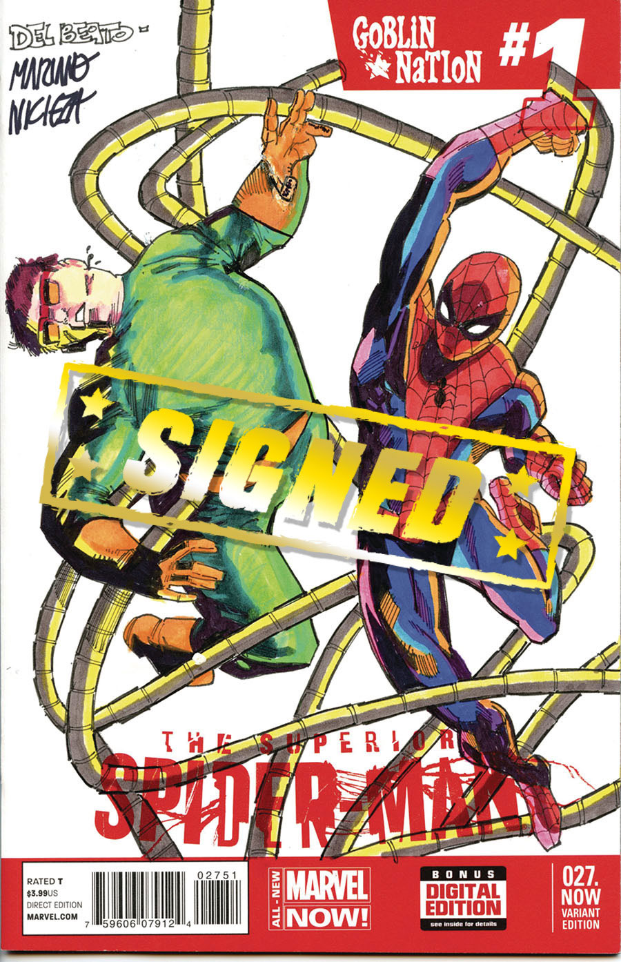 Marvel Comics Commissioned Cover Art Signed & Remarked By Mariano Nicieza & Joe Delbeato With A Spider-Man vs Doc Ock Homage Hand-Drawn Sketch