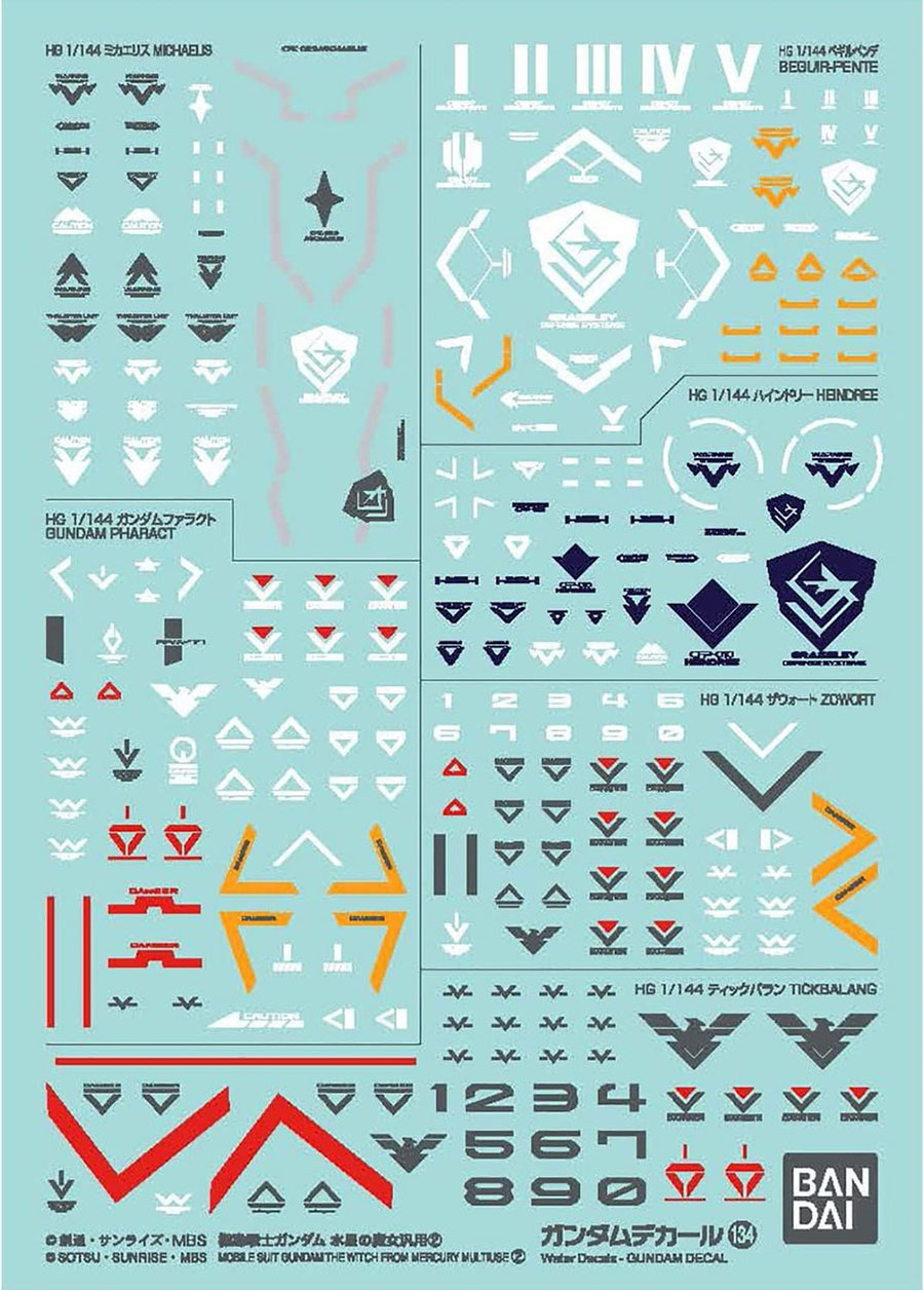 Gundam Decal - Bag Of 6 Units - #134 Mobile Suit Gundam The Witch From Mercury Multiuse 2 Decal Set