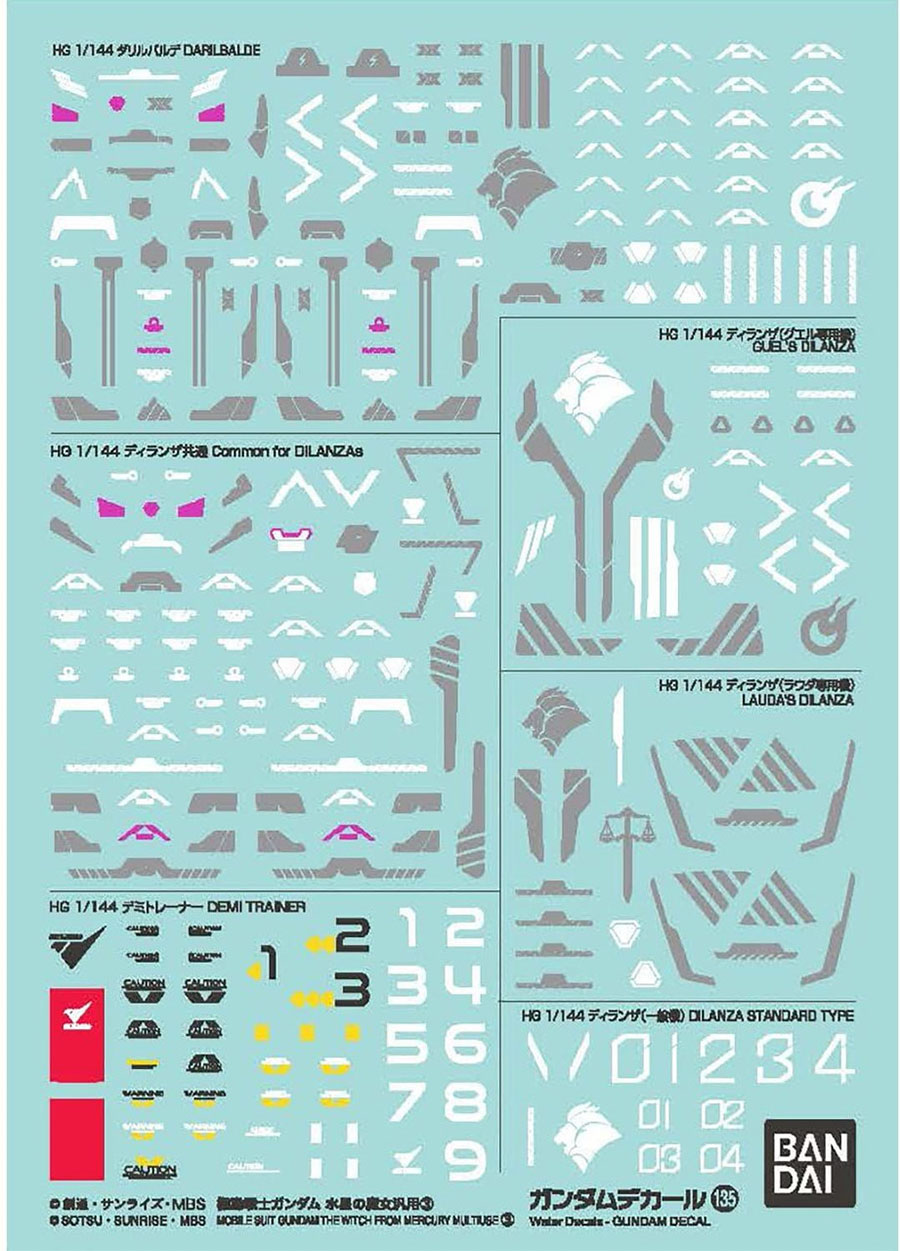 Gundam Decal - Bag Of 6 Units - #135 Mobile Suit Gundam The Witch From Mercury Multiuse 3 Decal Set