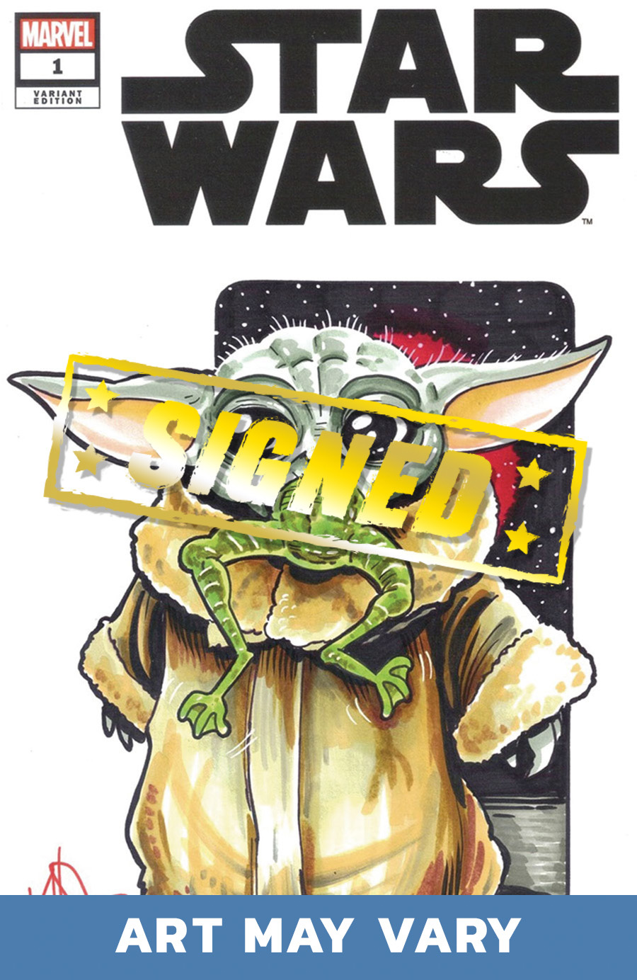 Star Wars Commissioned Cover Art Signed & Remarked By Ken Haeser With A Grogu Sorgan Snack Hand-Drawn Sketch