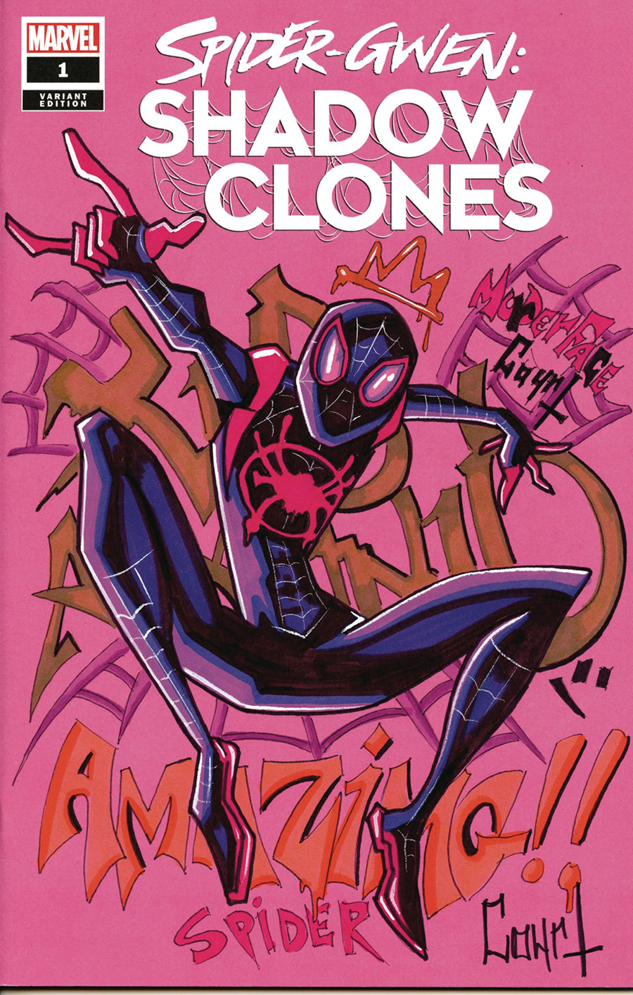 Spider-Gwen Shadow Clones #1 Cover R DF Pink Blank Variant Cover With A Miles Morales Hand-Drawn Sketch By Jessica Court