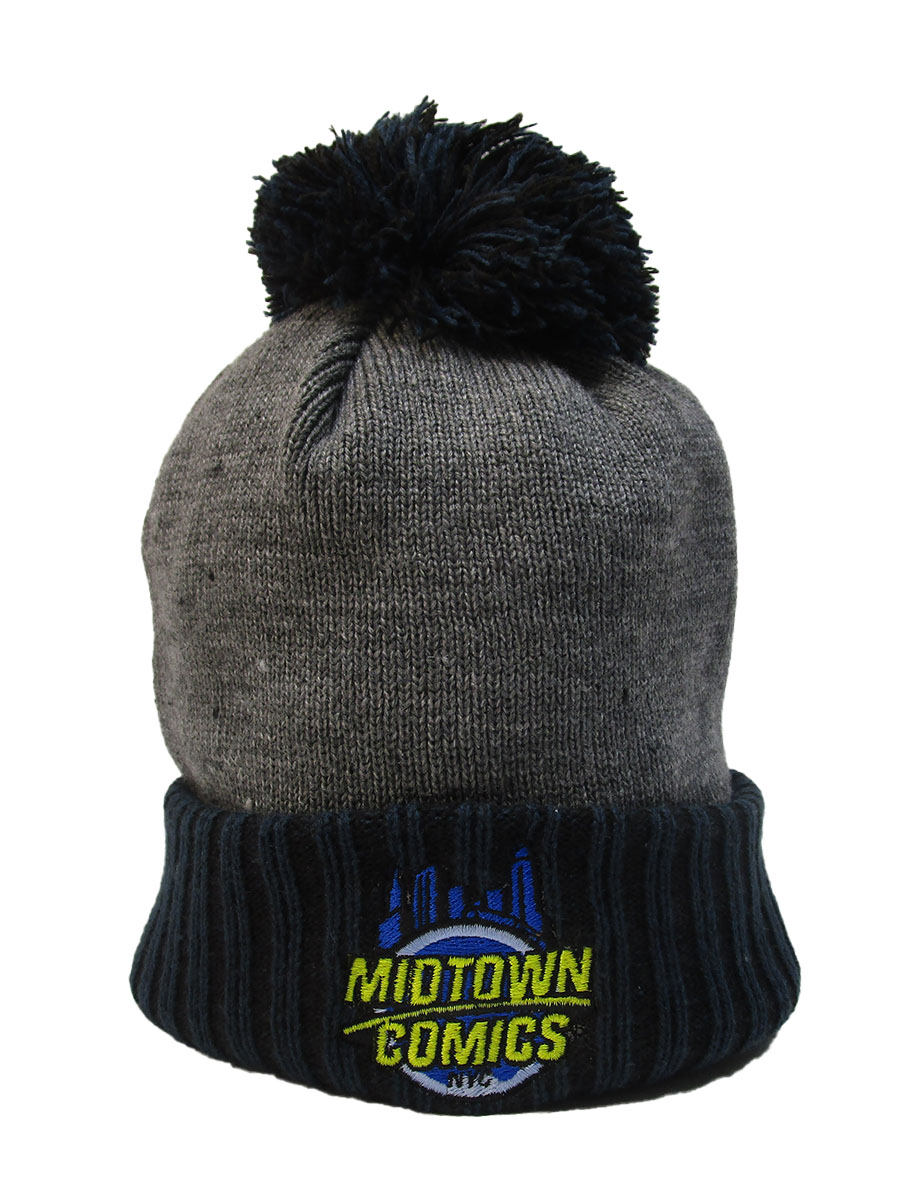 Midtown Comics Logo Navy Heather Grey With Pom Knit Beanie Powered By New Era