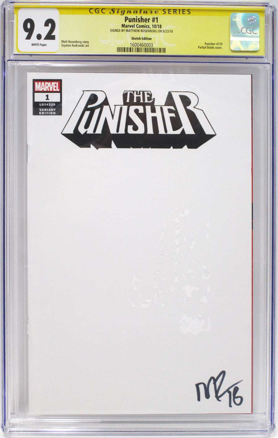 Punisher Vol 11 #1 Cover N Variant Blank Cover CGC Signature Series 9.2 Signed By Matthew Rosenberg