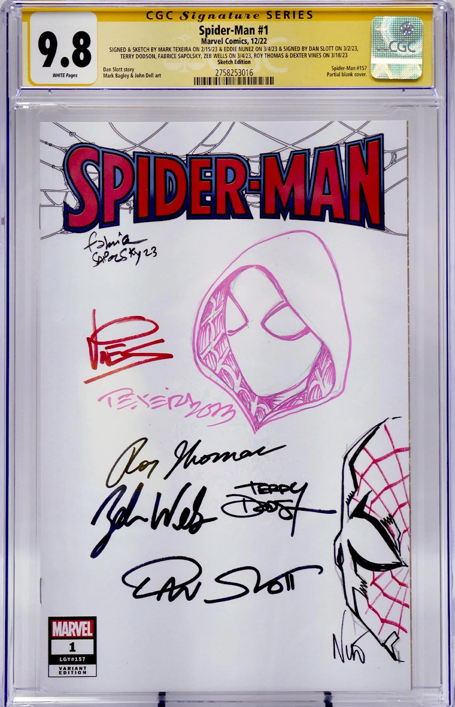 Spider-Man Vol 4 #1 Cover P CGC Signature Series 9.8 Signed By Various & Remarked By Mark Texiera Blank Cover