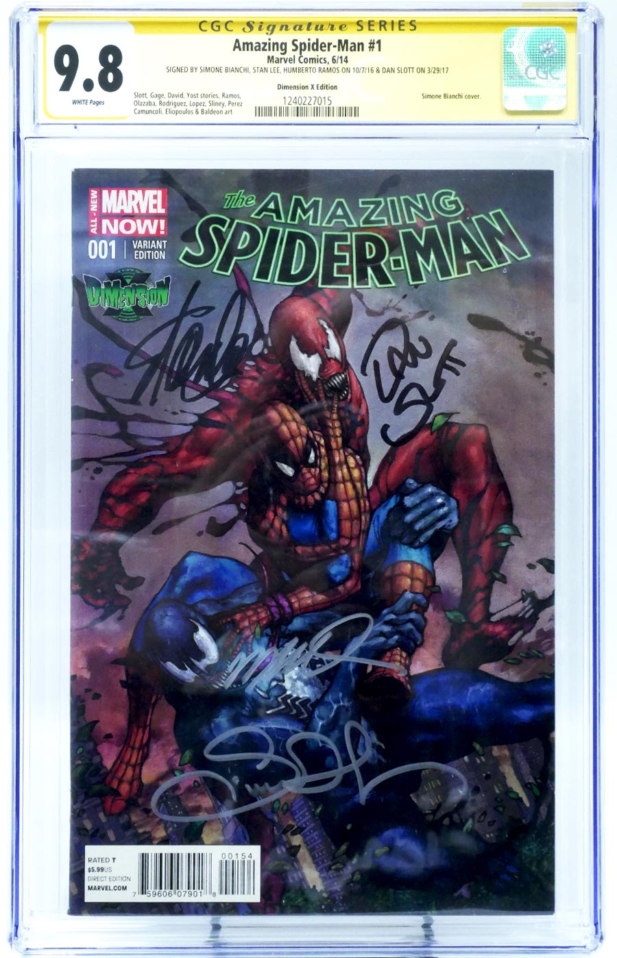 Amazing Spider-Man vol 3 #1 cover Z-S CGC Signature Series 9.8 Signed by Lee Bianchi Ramos and Slott Simone Bianchi Dimension X Variant
