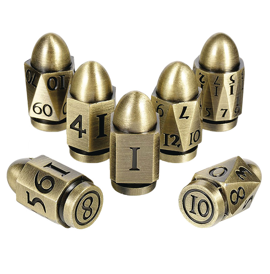 Metal & Enamel Bullet 7-Piece Dice Set - Brass