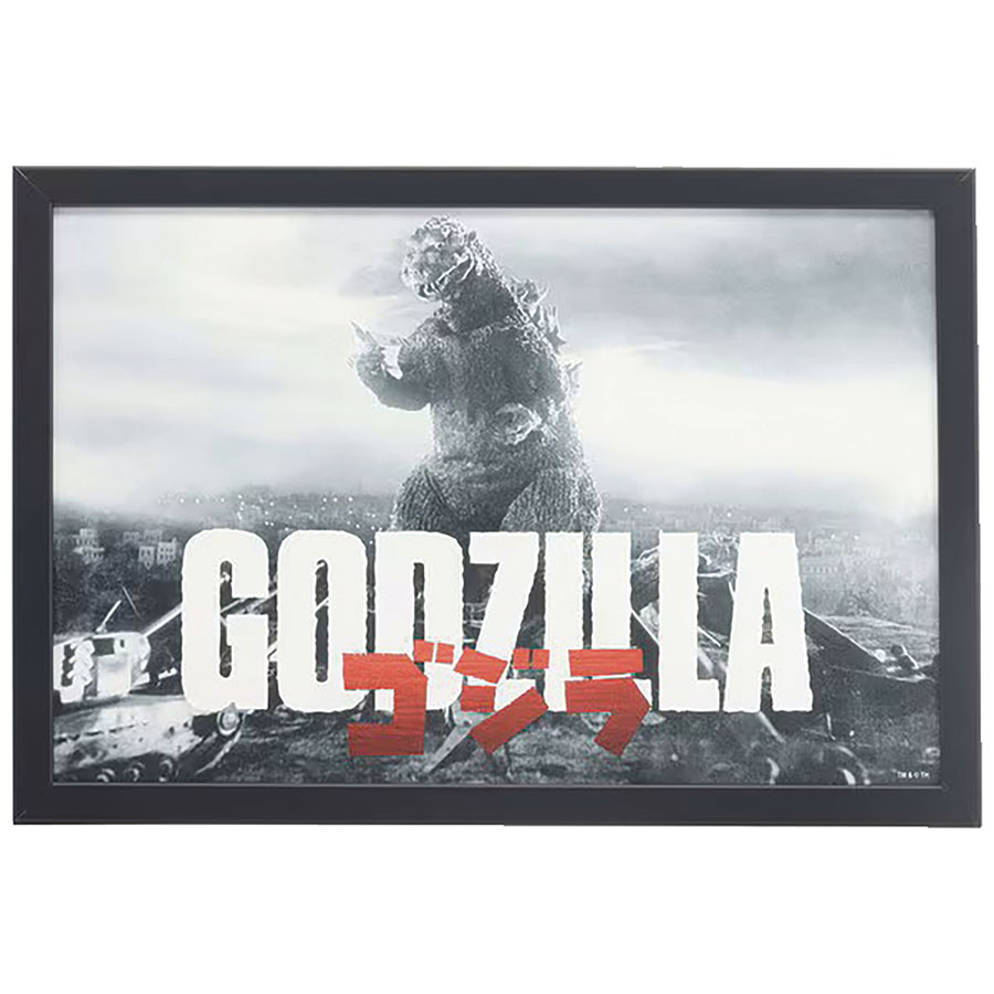 Godzilla Black & White City Scene Framed Wood 18x12 Wall Decor