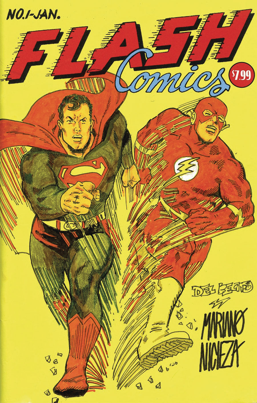 DC Comics Commissioned Cover Art Signed & Remarked By Mariano Nicieza & Joe Delbeato With A Superman vs Flash Race Hand-Drawn Sketch