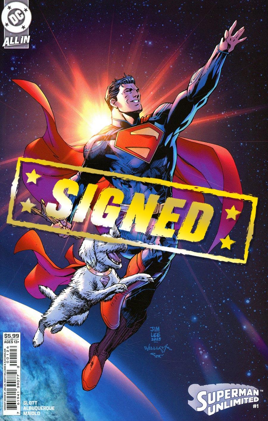 Superman Unlimited #1 Cover T Variant Jim Lee Superman Movie Card Stock Cover Signed By Dan Slott (DC All In)