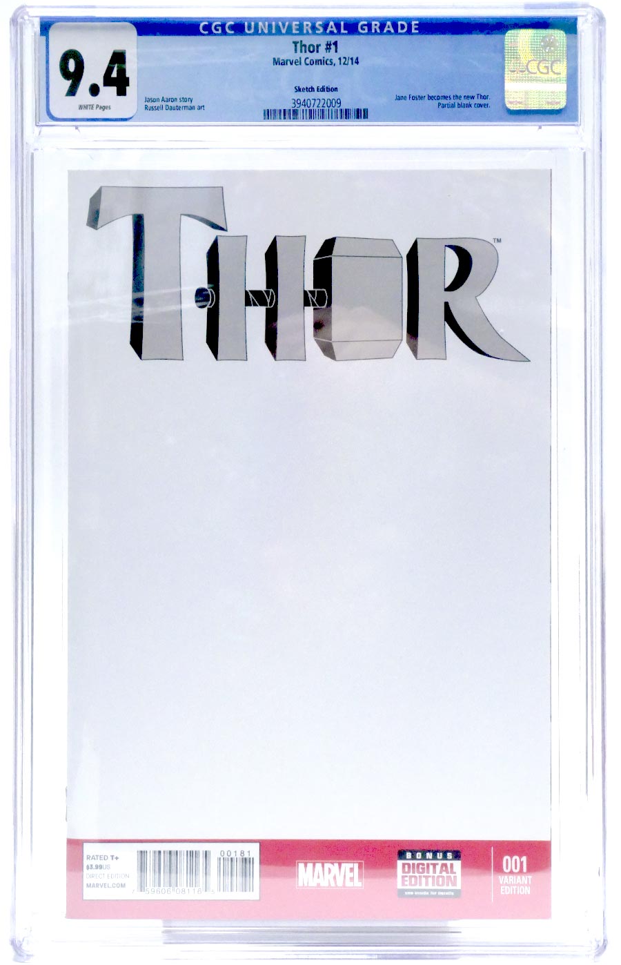 Thor Vol 4 #1 Cover S Variant Blank Cover CGC 9.4