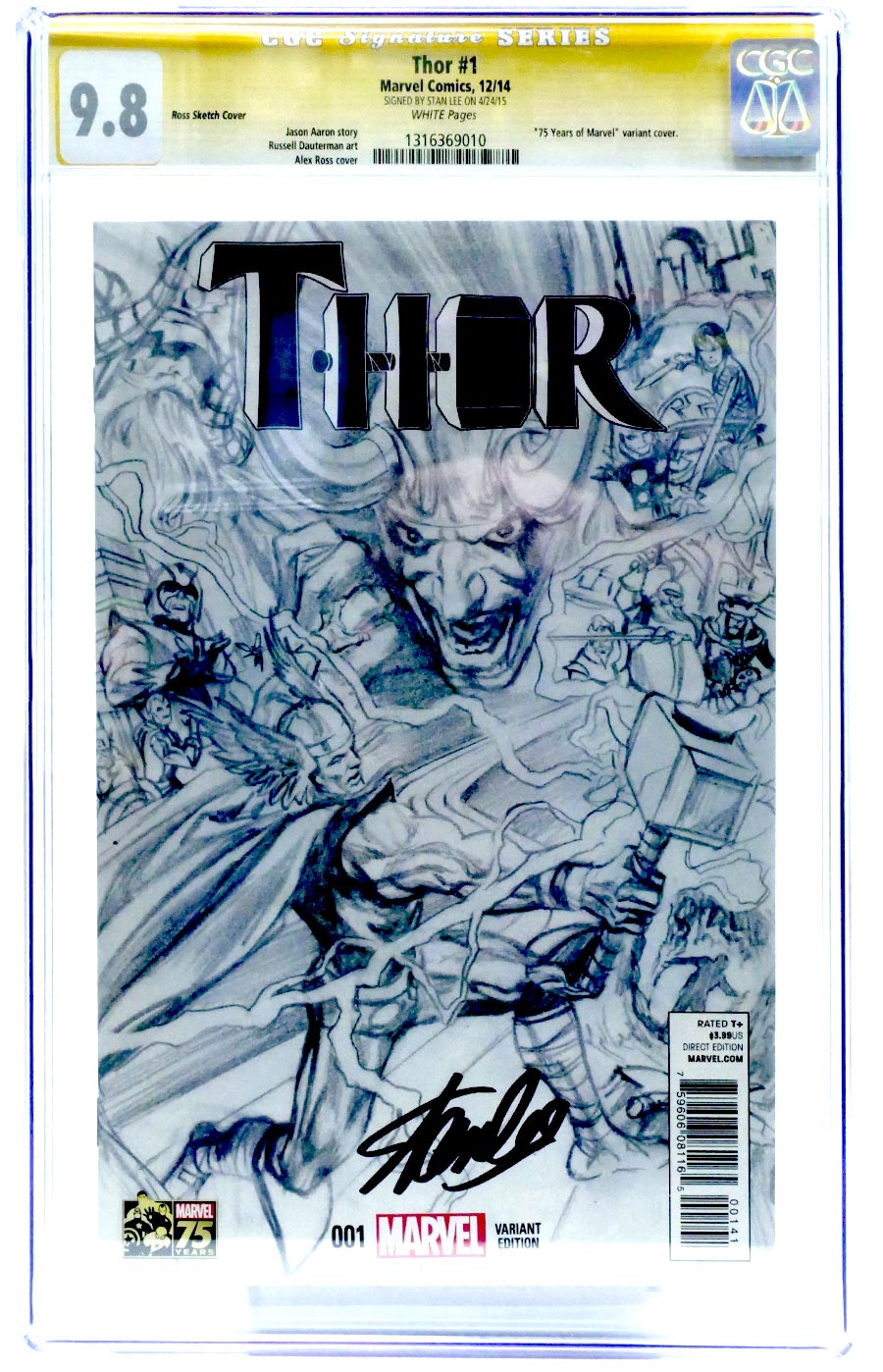 Thor Vol 4 #1 Cover T Incentive Alex Ross 75th Anniversary Sketch Variant Cover CGC Signature Series 9.8 Signed By Stan Lee