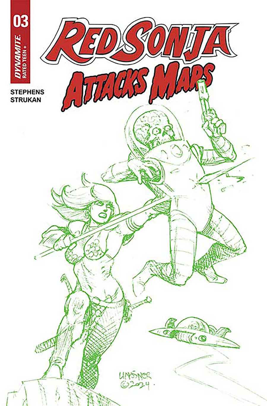 Red Sonja Attacks Mars #3 Cover K Incentive Joseph Michael Linsner Martian Green Line Art Cover