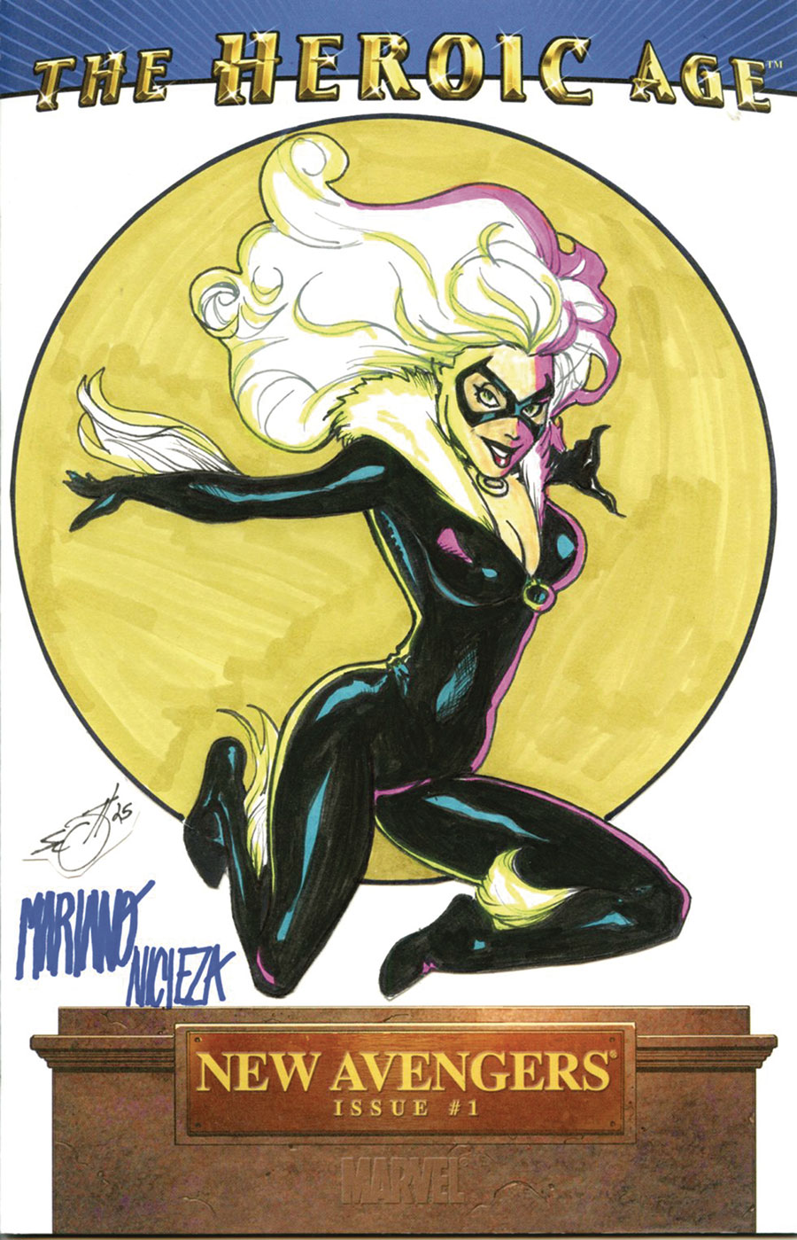 Marvel Comics Commissioned Cover Art Signed & Remarked By John Pleak & Mariano Nicieza With A Black Cat Hand-Drawn Sketch